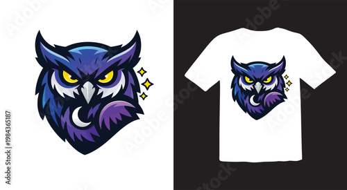 Illustration of purple owl head with yellow eyes on white t-shirt, isolated on white background