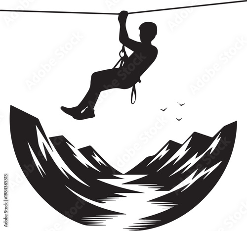 Adventurer bungee jumping over a scenic mountain valley