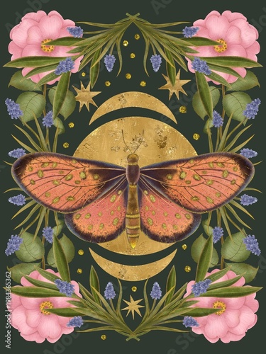 Cuadro en lienzo Magical botanical pattern with a moth, golden crescent moon, and dahlia flowers
