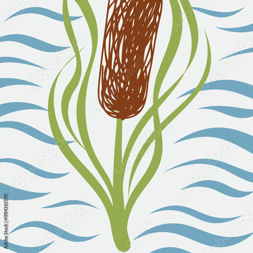 Stylized Hand-Drawn Cattail Reed with Brown Cylinder Head Wetland Plant Vector