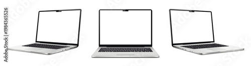 Realistic laptop mockup with blank screen isolated on white background, perspective laptop mock up different angles views