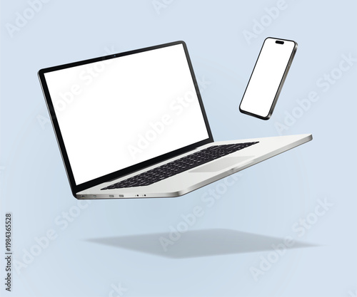 Falling laptop and smartphone mockup isolated