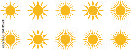 Sun Icon Set Collection Featuring Different Radiating Solar Shapes and Bright Sunshine Symbols for Weather Forecast Summer Design and Energy Concepts