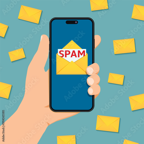 Hand holding smartphone with spam email on screen and flying email envelopes. Hacking or advertising emails on smartphone