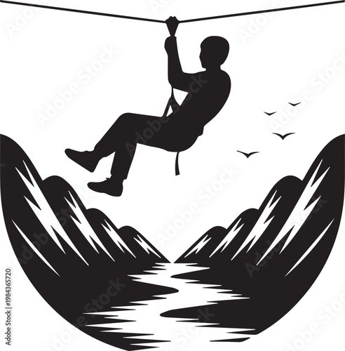 Adventurer crossing a tightrope over a deep canyon with birds flying nearby