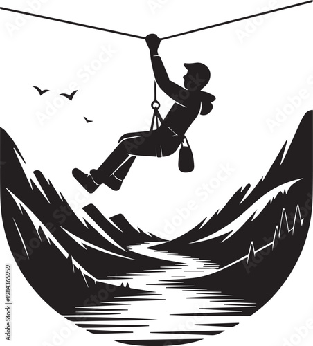 Adventurer zip-lining above a serene canyon landscape with birds in the sky