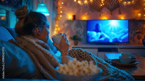 Snuggled under a blanket, a person luxuriates in a warm movie night at home, enveloped by soft, gentle lighting and the savory scent of freshly popped popcorn, fostering a tranquil