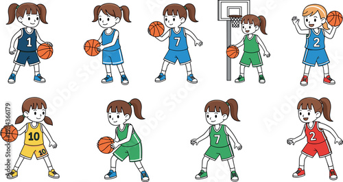 Cartoon girls playing basketball set cute kids athletes dribbling shooting and posing with ball sports vector illustration collection