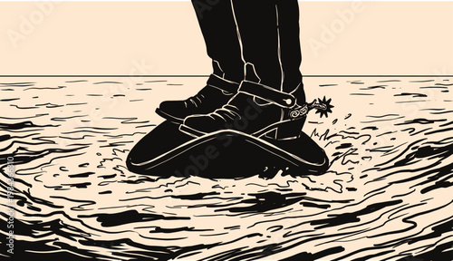 Cowboy boots with spurs standing on water surface in high contrast minimalist illustration style