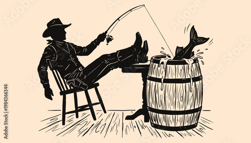 Cowboy fishing in a wooden barrel humorous black and white silhouette for leisure concepts