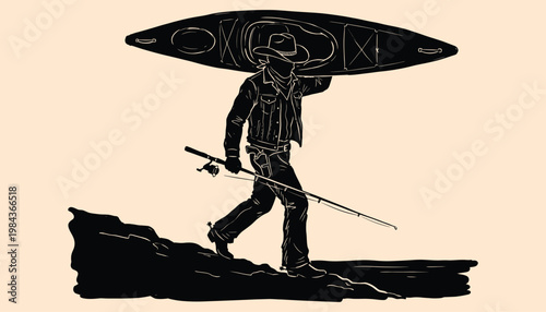 Adventurous cowboy carrying a kayak and fishing rod on a rugged shoreline