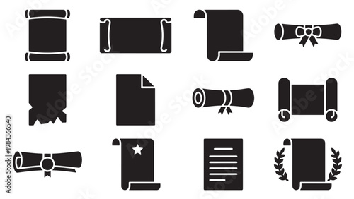 Scroll and Document Silhouette Icon Set for Certificate Diploma and Academic Achievement Design Projects
