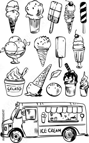 Vector doodle set of various ice cream and ice cream truck hand drawn on white background