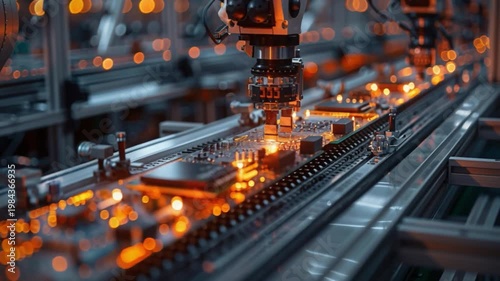 Sophisticated robotic equipment is precision-assembling electronic circuit boards on a moving conveyor belt, amidst warm orange lighting within a state-of-the-art automated manufacturing facility