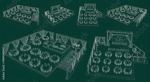 Outdoor Dining and Event Area Layout Blueprint Icon Set – Tables Seating Stage Terrace Multi View AutoCAD Landscape Technical Drawing White Outline on Dark Green Background