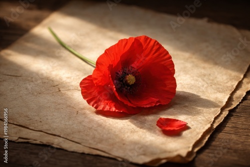 Single red poppy flower on aged paper, symbolizing remembrance and sacrifice