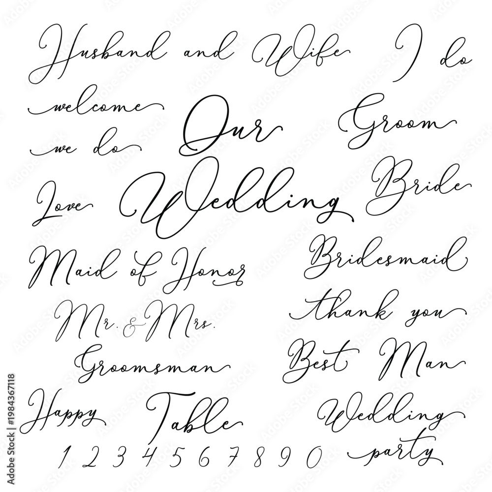 Obraz premium Handwritten Wedding words vector set, Vector wedding script, Our wedding vector words, Wedding Quotes, Vector Wedding Designs, Wedding sign set