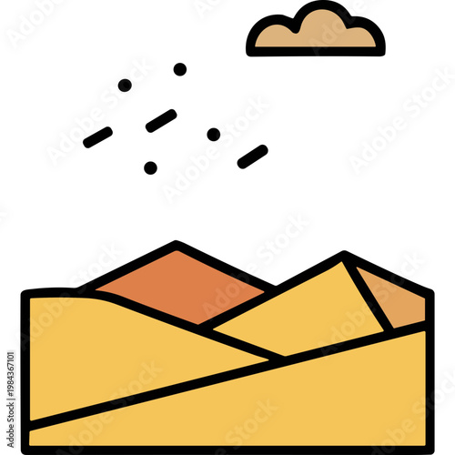 A scenic illustration of mountains under a cloudy sky with falling snow.
