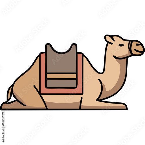 A cartoon camel sits calmly outdoors with a saddle on its back.