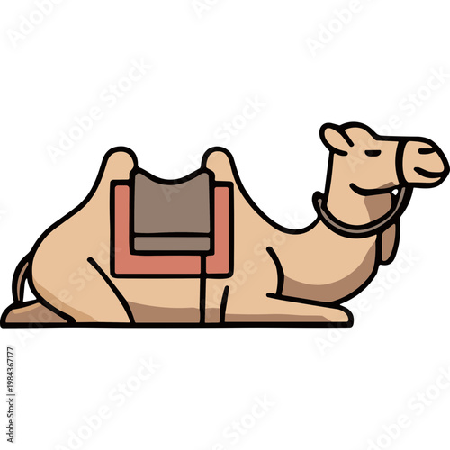 A cartoon camel lies on the ground with a saddle on its back.