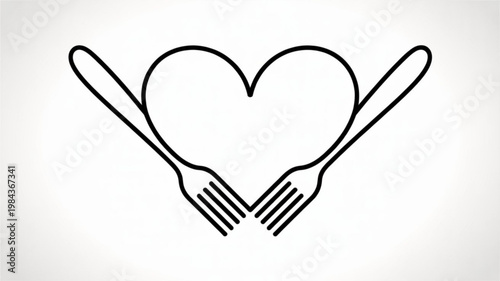 Heart shaped eating utensils crossed fork and knife symbol for love food