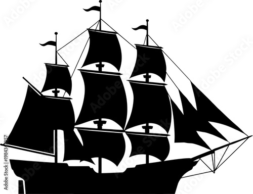 Tall Sailing Ship Silhouette with Multiple Sails