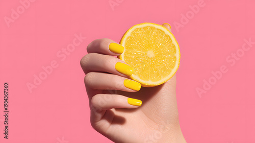 Hand holding lemon slice with yellow nail polish against pink background