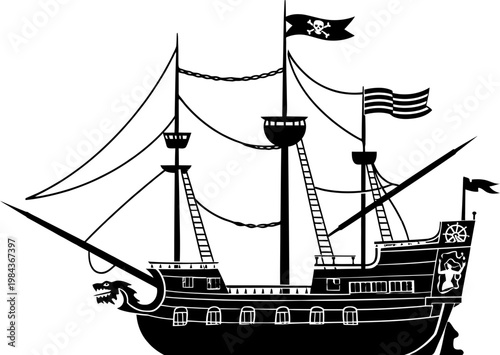 Pirate ship silhouette with jolly roger flag