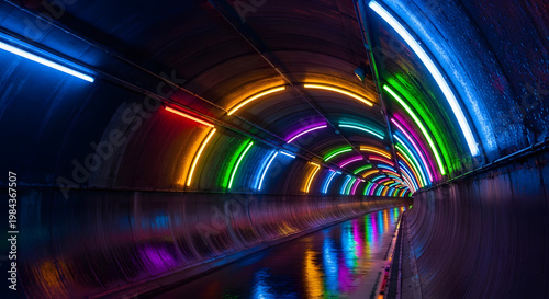 Dynamic light trails illuminate a futuristic tunnel with a vivid spectrum of neon colors, creating an abstract and immersive journey through modern technology