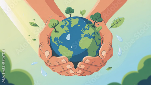 Hands cradling earth with green leaves and trees symbolizing environmental care and protection
