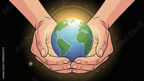 Hands cradling earth globe with radiant sunlight symbolizing care and protection of the planet