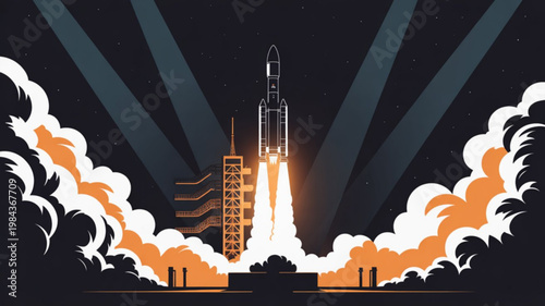 Rocket launching into space with orange and white smoke and bright lights on a dark background