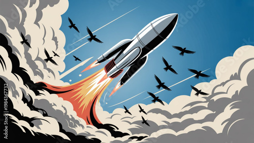 Rocket ship blasting off into sky with fighter jets flying nearby surrounded by smoke and flames