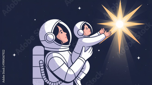Astronaut and child in space suit reaching for bright star together in night sky with sparks
