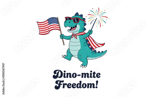Dino mite flag day celebration patriotic dinosaur with american flags and fireworks