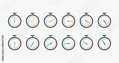 A collection of colorful stopwatch icons in flat design style, each displaying different time intervals. Ideal for timing, productivity, sports, countdown, and UI/UX concepts.