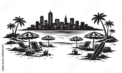 Beachfront Skyline Silhouette, Silhouette Vector, Isolated on White Background