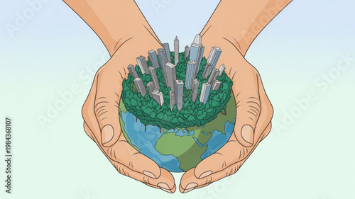Hands holding a globe with a green cityscape and skyscrapers symbolizing eco friendly urban development and sustainability