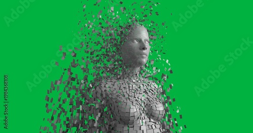 Tiles appearing left, forming gray bust while peeling and swirling, showing form on transparent BG