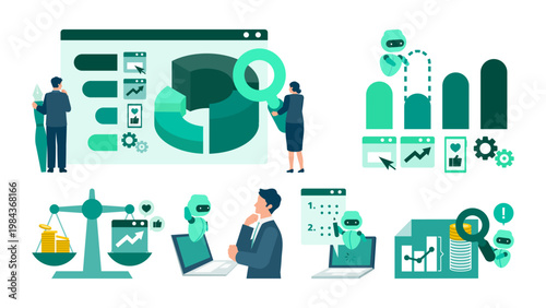 AI-powered budget marketing illustration set featuring business people optimizing ad spend through data analysis and strategic planning for professional workflow optimization and ROI growth