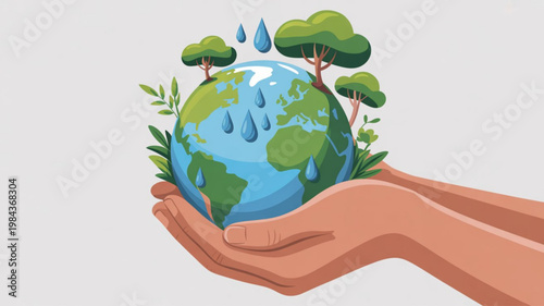 Hands cradling earth globe with lush green trees and raindrops symbolizing eco friendly conservation and sustainability