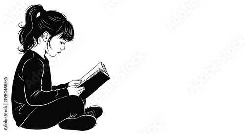 Black and white vector illustration, girl reading book, sitting, monochrome cartoon style, educational concept