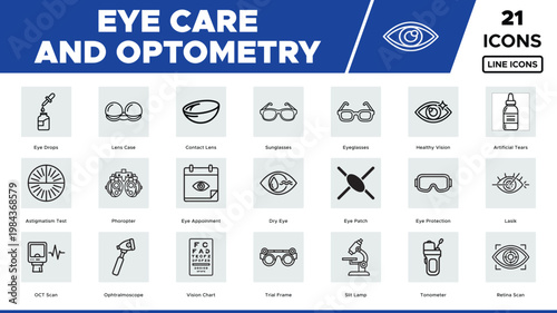 Eye Care and Optometry Line Icons, a comprehensive vector collection of 21 medical ophthalmology symbols for vision health, optical services, and eye examination concepts.