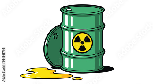 Radioactive barrel, hazardous waste drum, toxic symbol, green metal container, spill