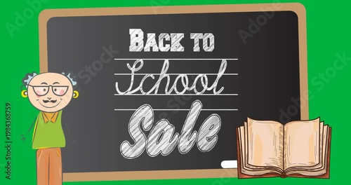 Male teacher and notebook icons against back to school sale text on wooden slate