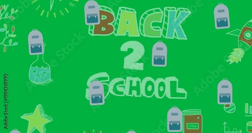 Digital animation of multiple school bag icons against school concept icons on black background
