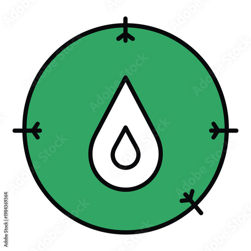 Green circle icon with drop symbol and arrows pointing outward icon