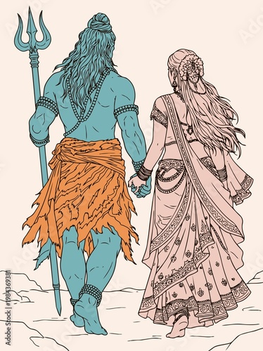 Sketch or Drawing of Shiva Parvati Outline Editable Vector Illustration