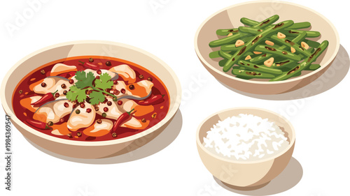 Cute advertising menu illustration: spicy fish, green beans, and rice, depicting delicious Asian cuisine for culinary projects.
