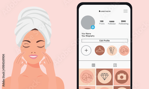 Beauty blogger social media profile interface, woman with towel on head and Instagram highlights vector illustration